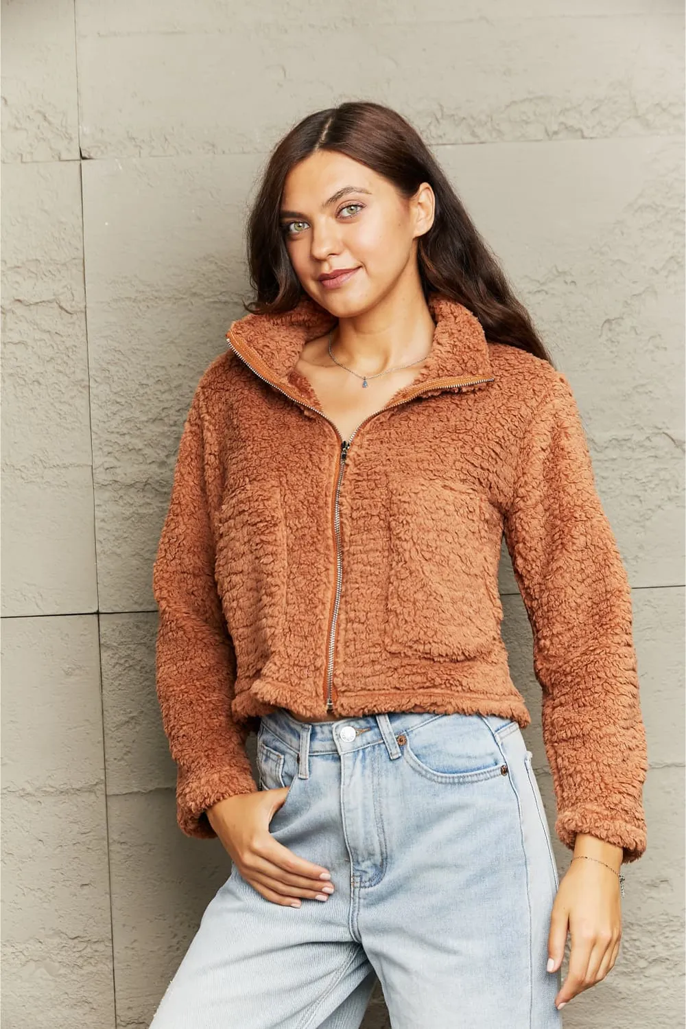 Zip-Up Collared Teddy Jacket, image 3