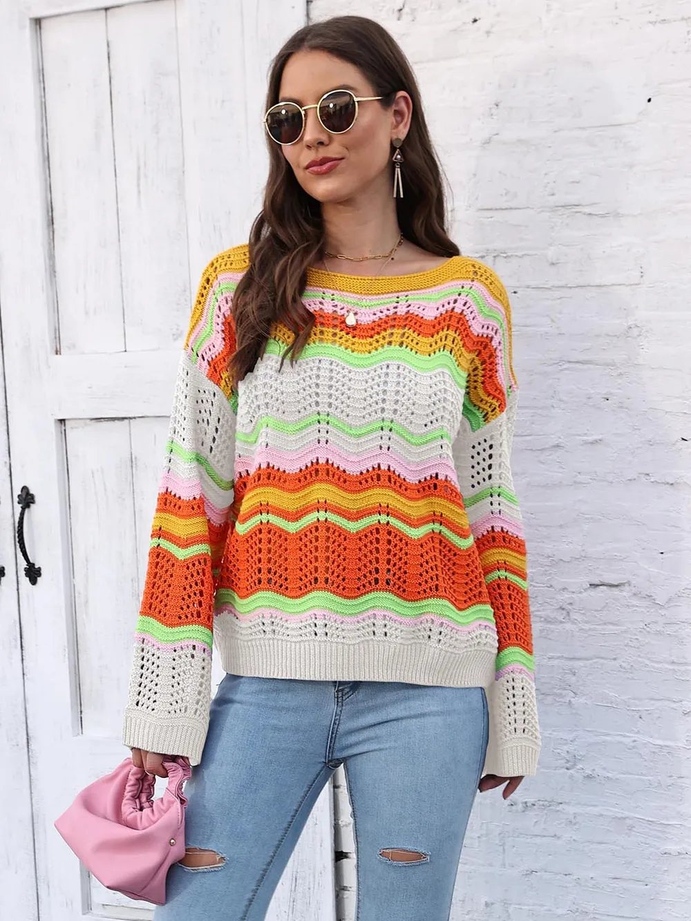 Openwork Round Neck Knit Top, image 6
