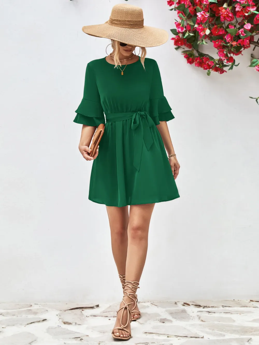 Round Neck Tie Belt Flounce Sleeve Dress, image 4