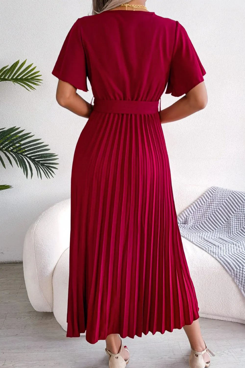 Pleated Flutter Sleeve Belted Dress, image 6