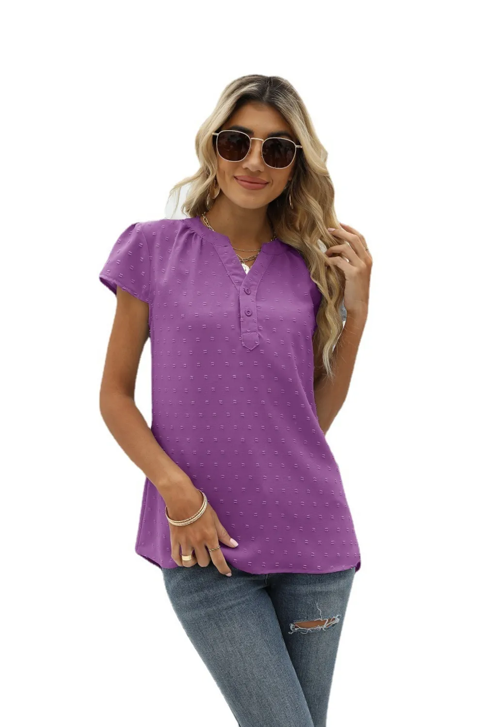 Swiss Dot Notched Neck Short Sleeve Top, image 25
