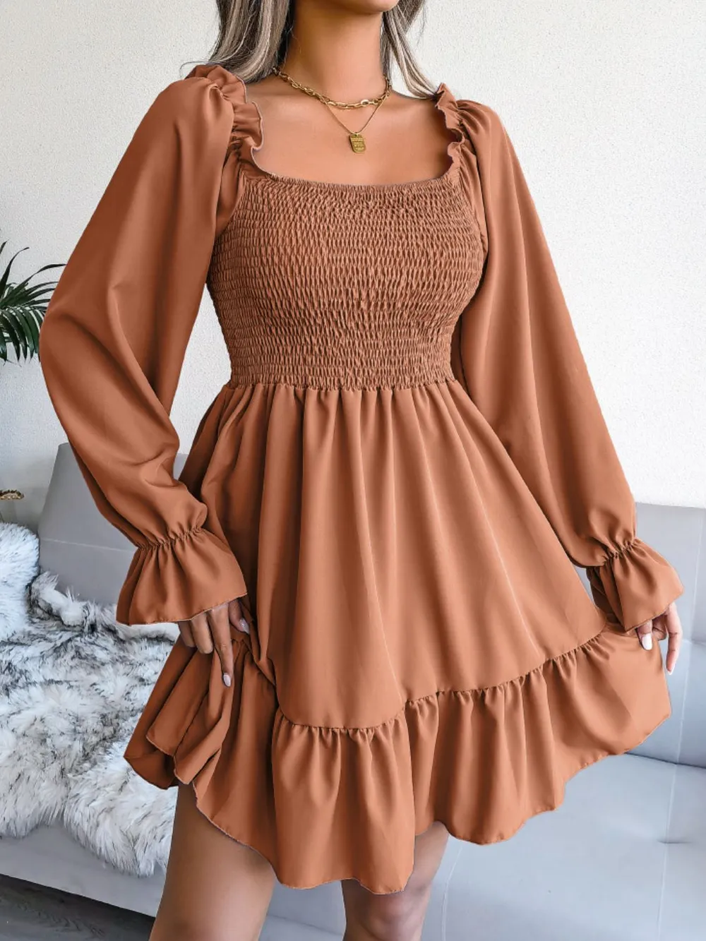 Smocked Flounce Sleeve Square Neck Dress, image 18