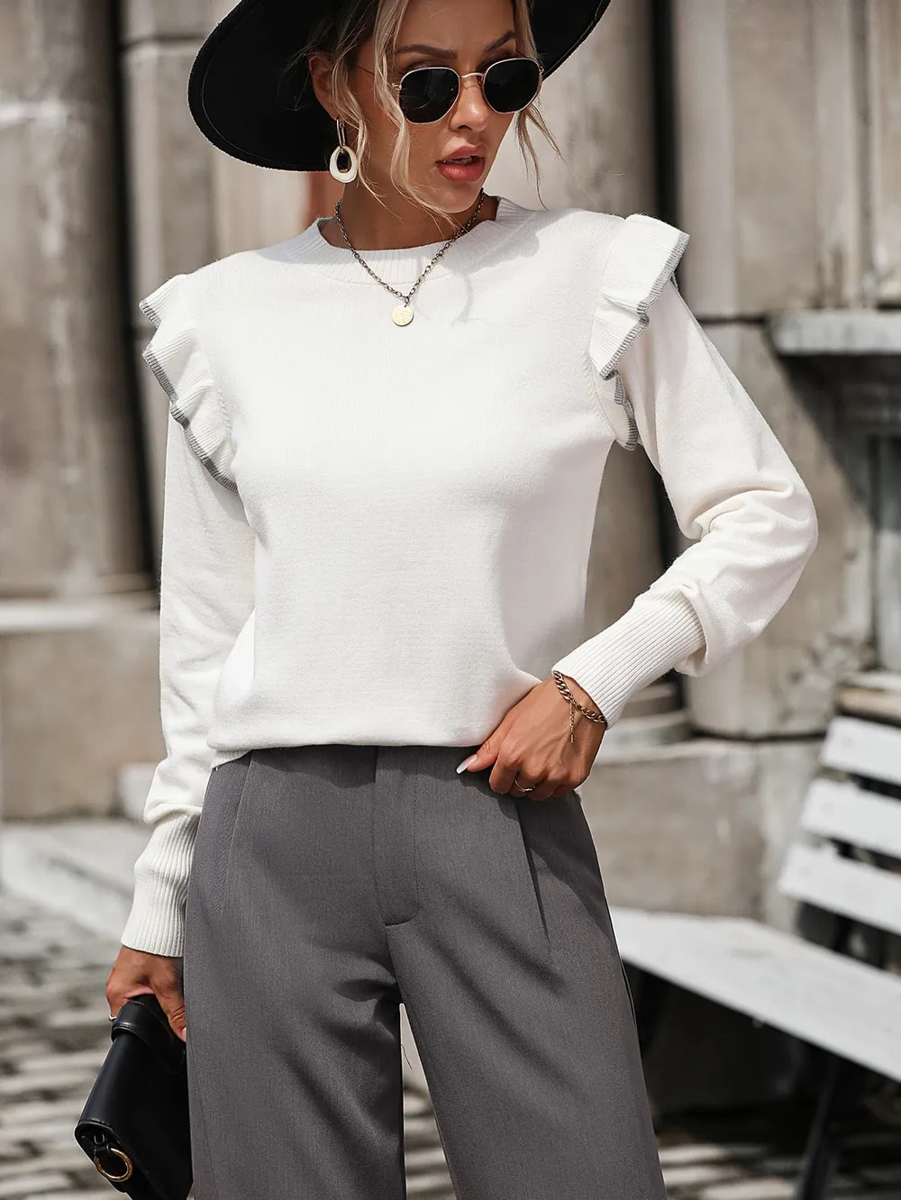 Round Neck Ruffle Trim Long Sleeve Pullover Sweater, image 10