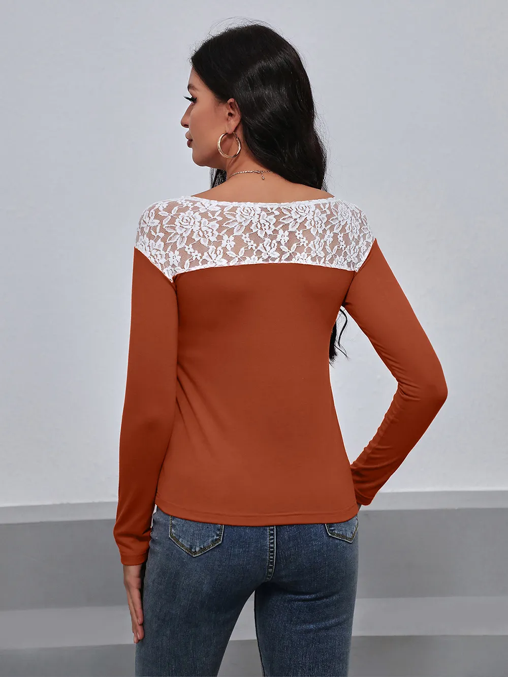Lace Trim Long Sleeve Round Neck Tee, image 15