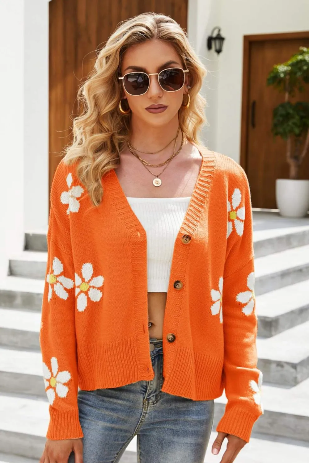 Floral Ribbed Trim Drop Shoulder Cardigan, image 3