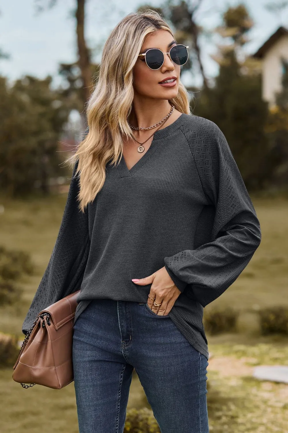 Notched Neck Raglan Sleeve Blouse, image 17