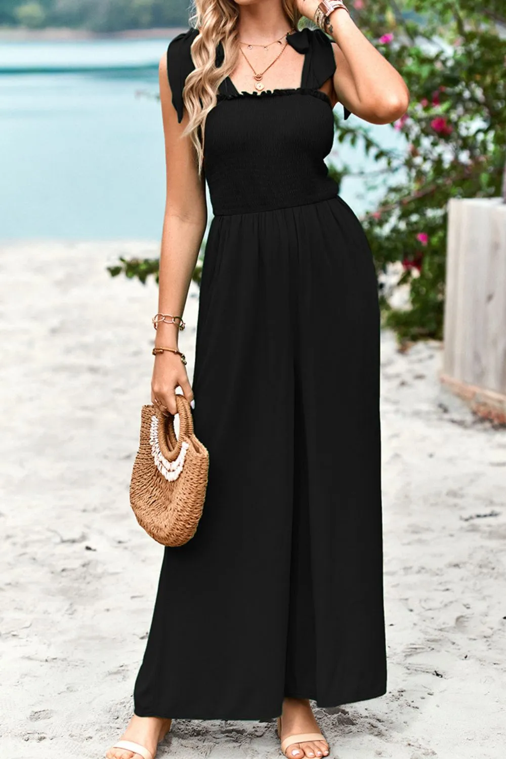 Frill Trim Tie Shoulder Wide Leg Jumpsuit with Pockets, image 16