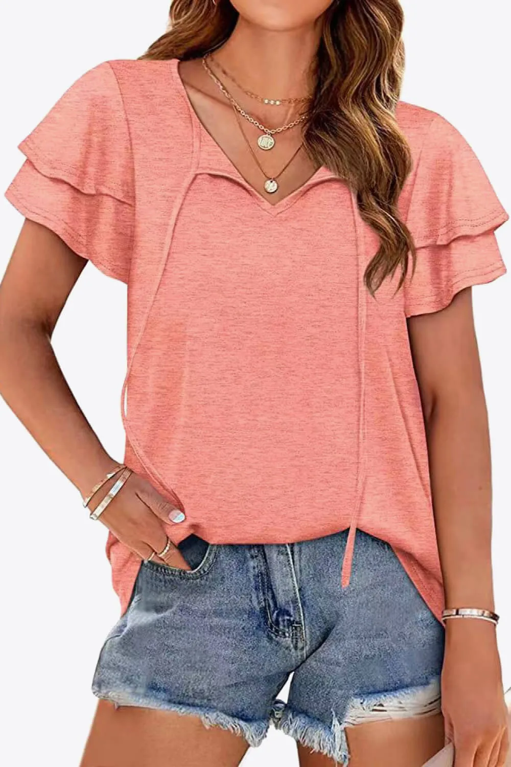 Tie-Neck Layered Flutter Sleeve Blouse, image 13