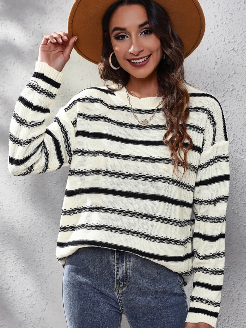 Striped Round Neck Dropped Shoulder Sweater, image 5