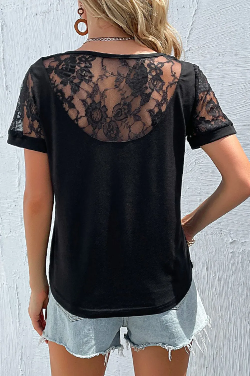 Spliced Lace Round Neck Short Sleeve Top, image 2
