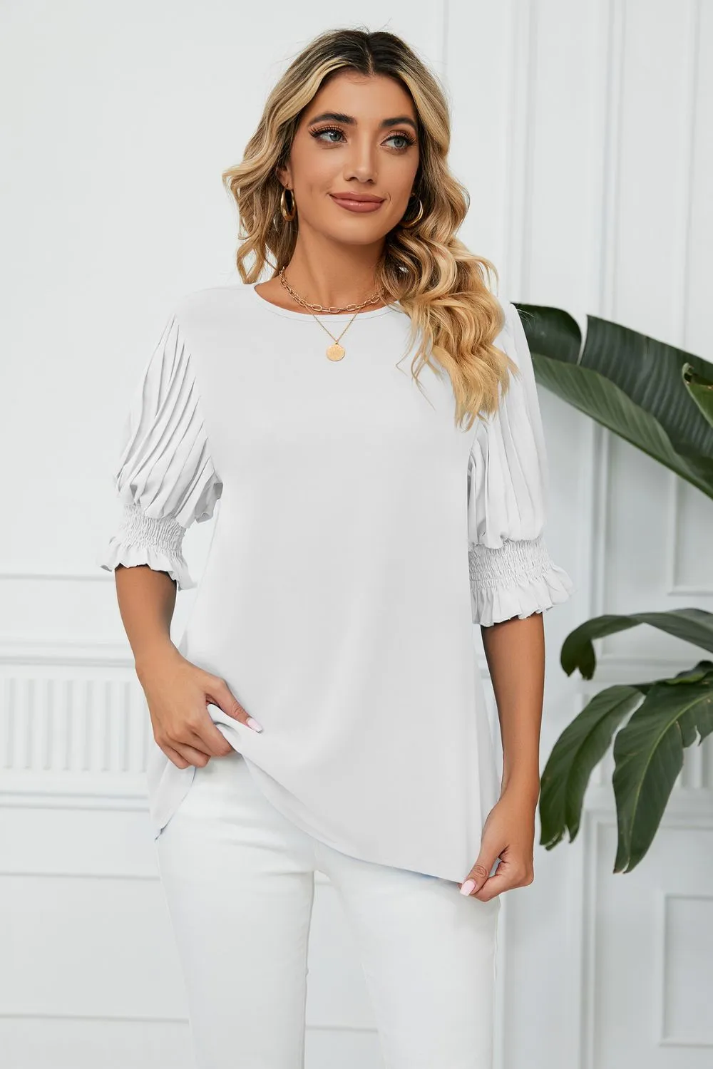 Pleated Flounce Sleeve Keyhole Blouse, image 6