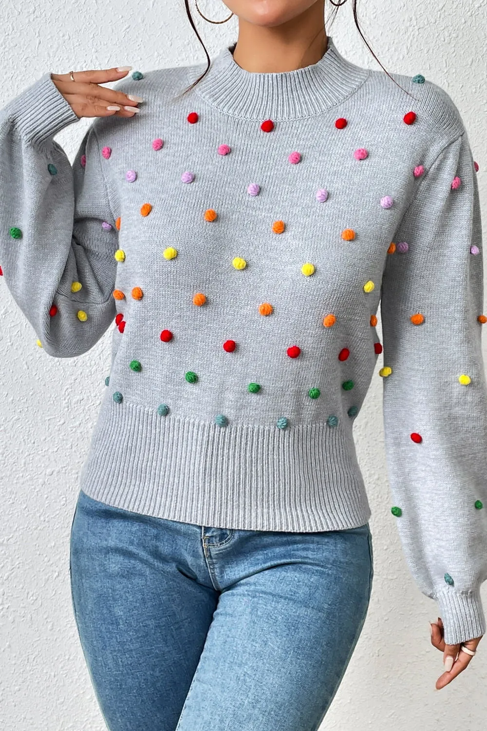 Pom-Pom Trim Mock Neck Long Sleeve Pullover Sweater, image 9
