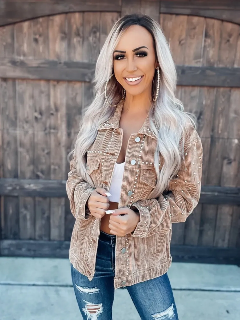 Studded Collared Neck Button Down Jacket, image 4