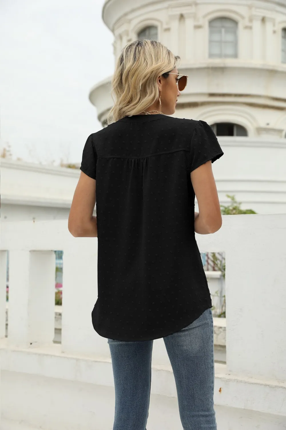 Swiss Dot Notched Neck Short Sleeve Top, image 20
