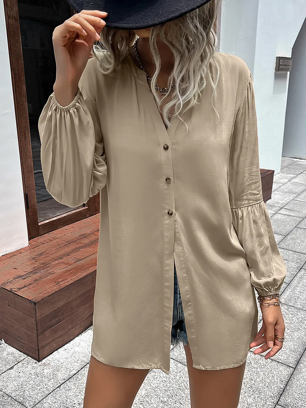 Notched Neck Balloon Sleeve Shirt, image 12