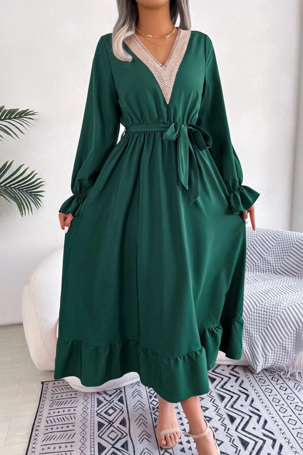 Contrast Belted Flounce Sleeve Dress, image 5
