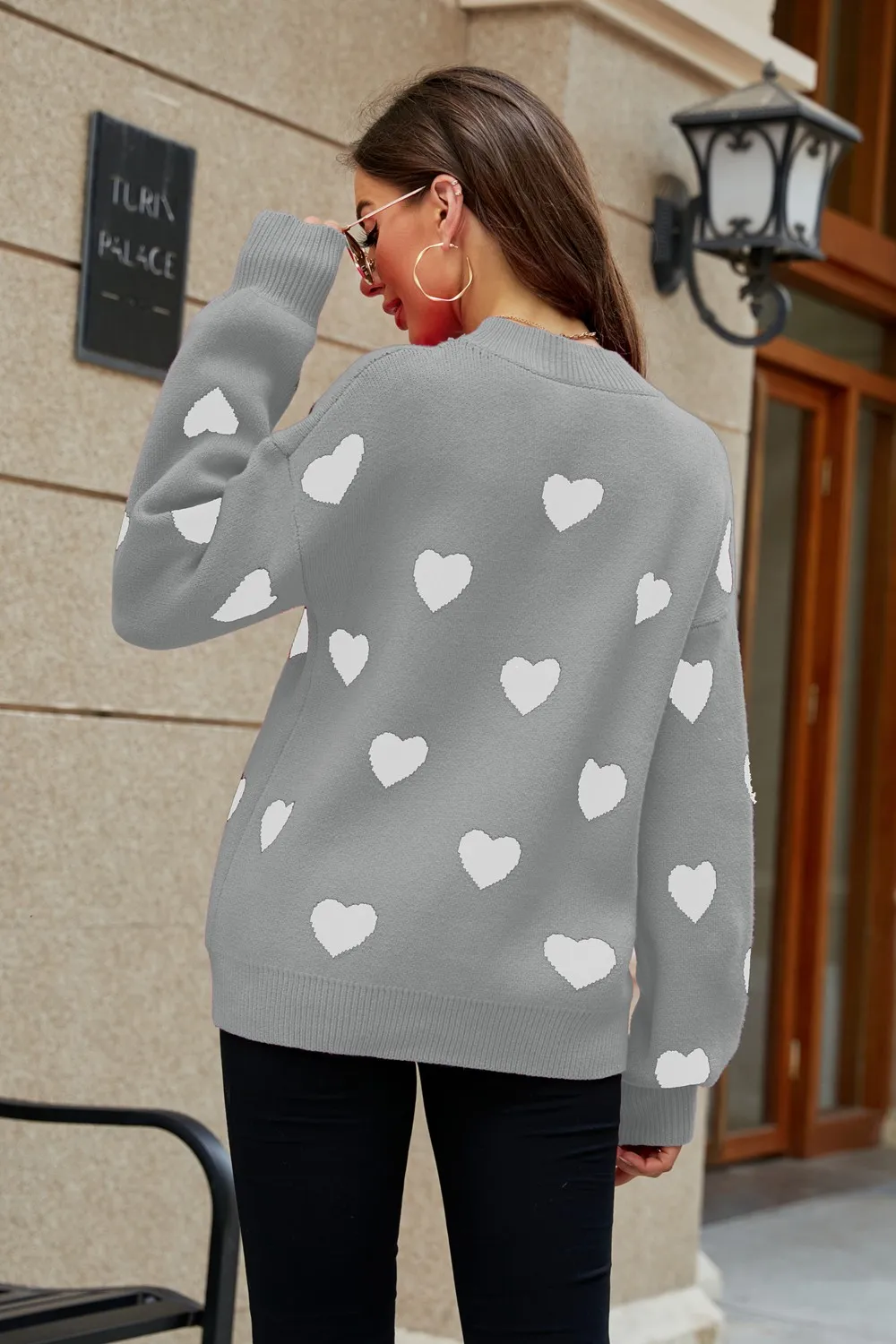 Heart Pattern Lantern Sleeve Round Neck Tunic Sweater, image 18
