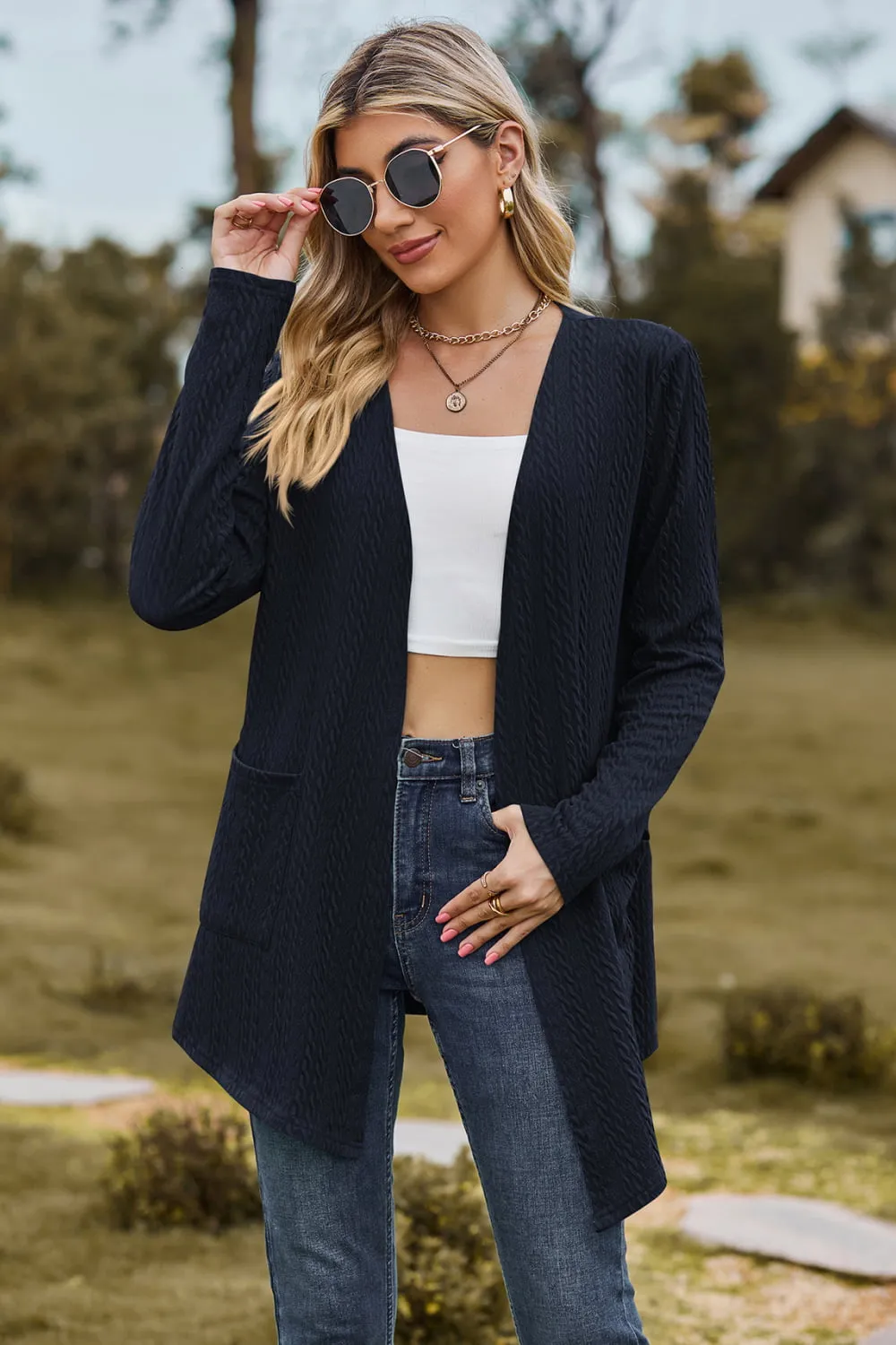 Cable-Knit Long Sleeve Cardigan with Pocket, image 6