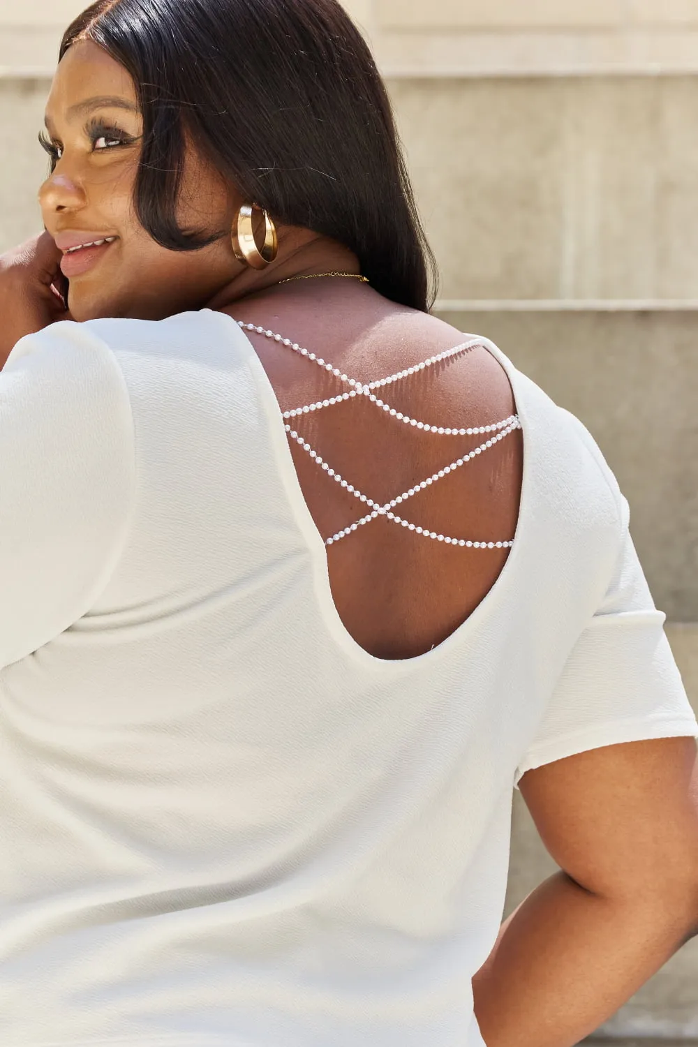 Pearly White Full Size Criss Cross Pearl Detail Open Back T-Shirt, image 3