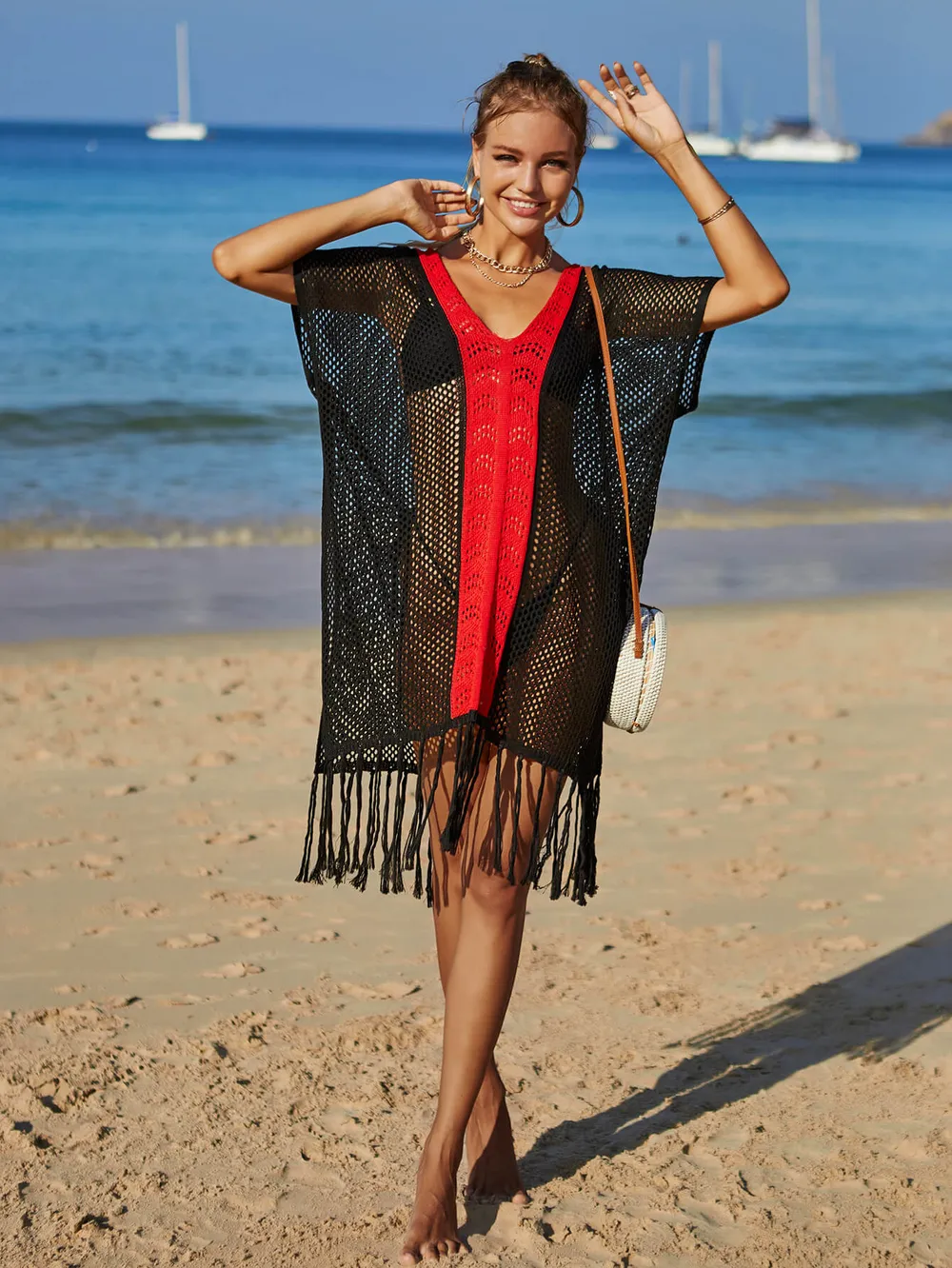 Contrast Fringe Trim Openwork Cover-Up Dress, image 15