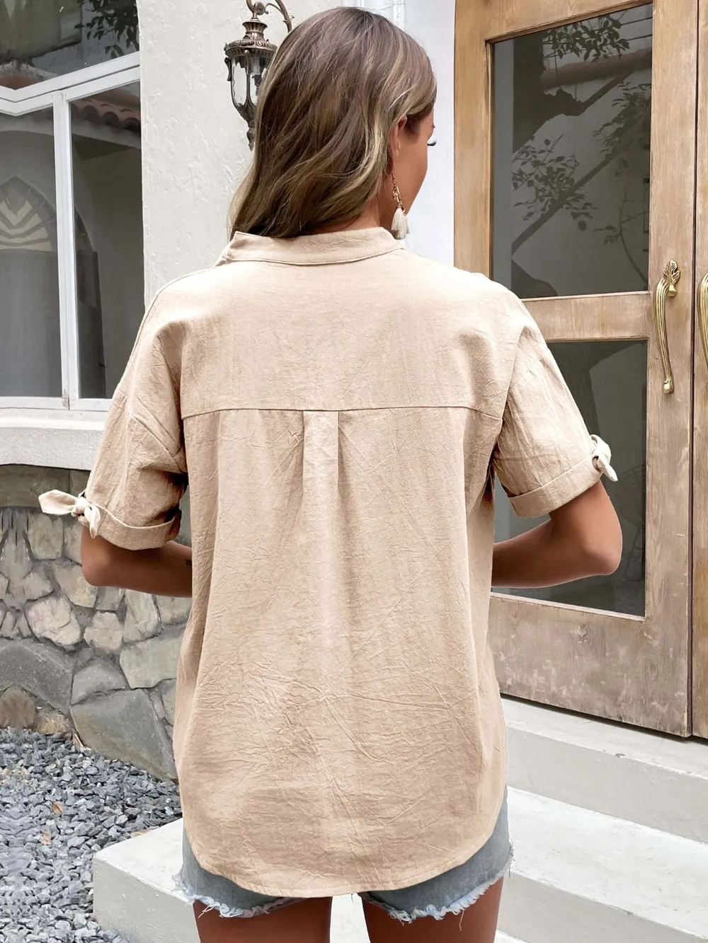 Buttoned Notched Neck Cuffed Sleeve Blouse, image 3