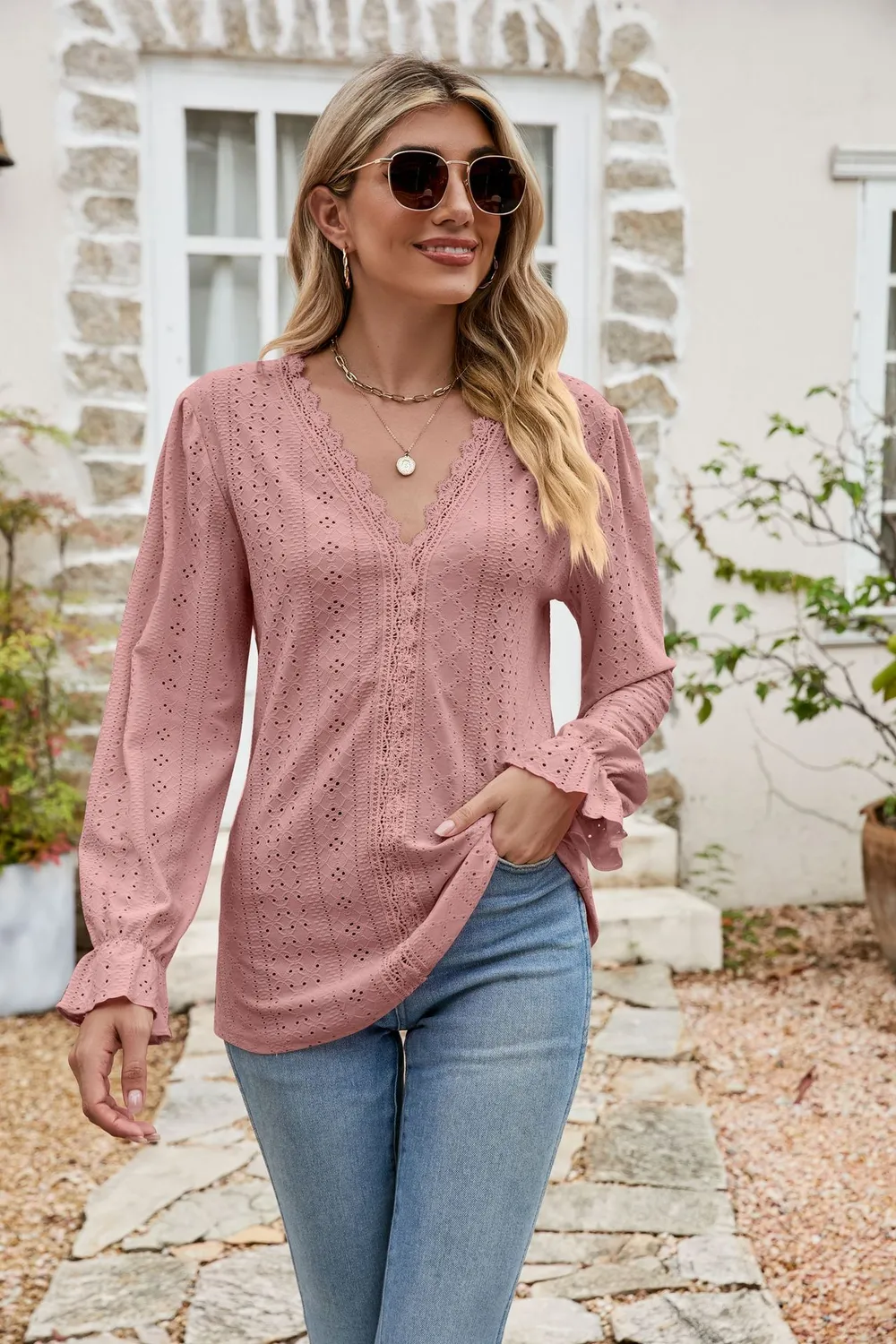 Eyelet Lace Trim Flounce Sleeve Blouse, image 5
