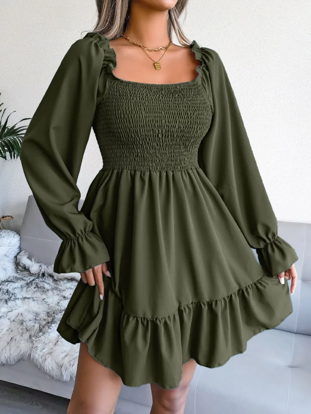 Smocked Flounce Sleeve Square Neck Dress, image 2