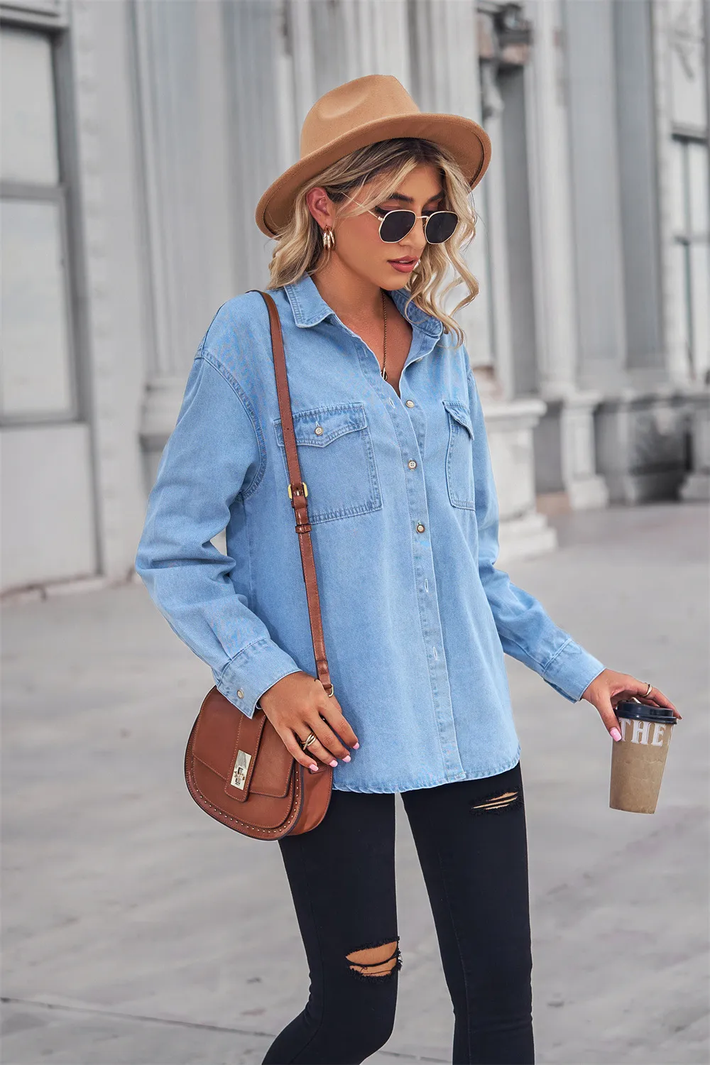 Collared Neck Dropped Shoulder Denim Top, image 3