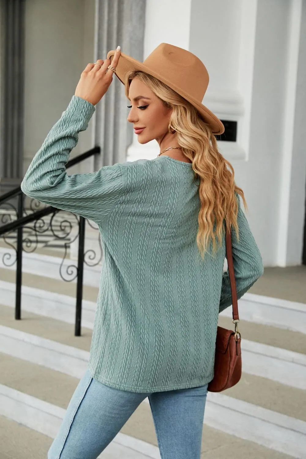 Decorative Button V-Neck Long Sleeve T-Shirt, image 7