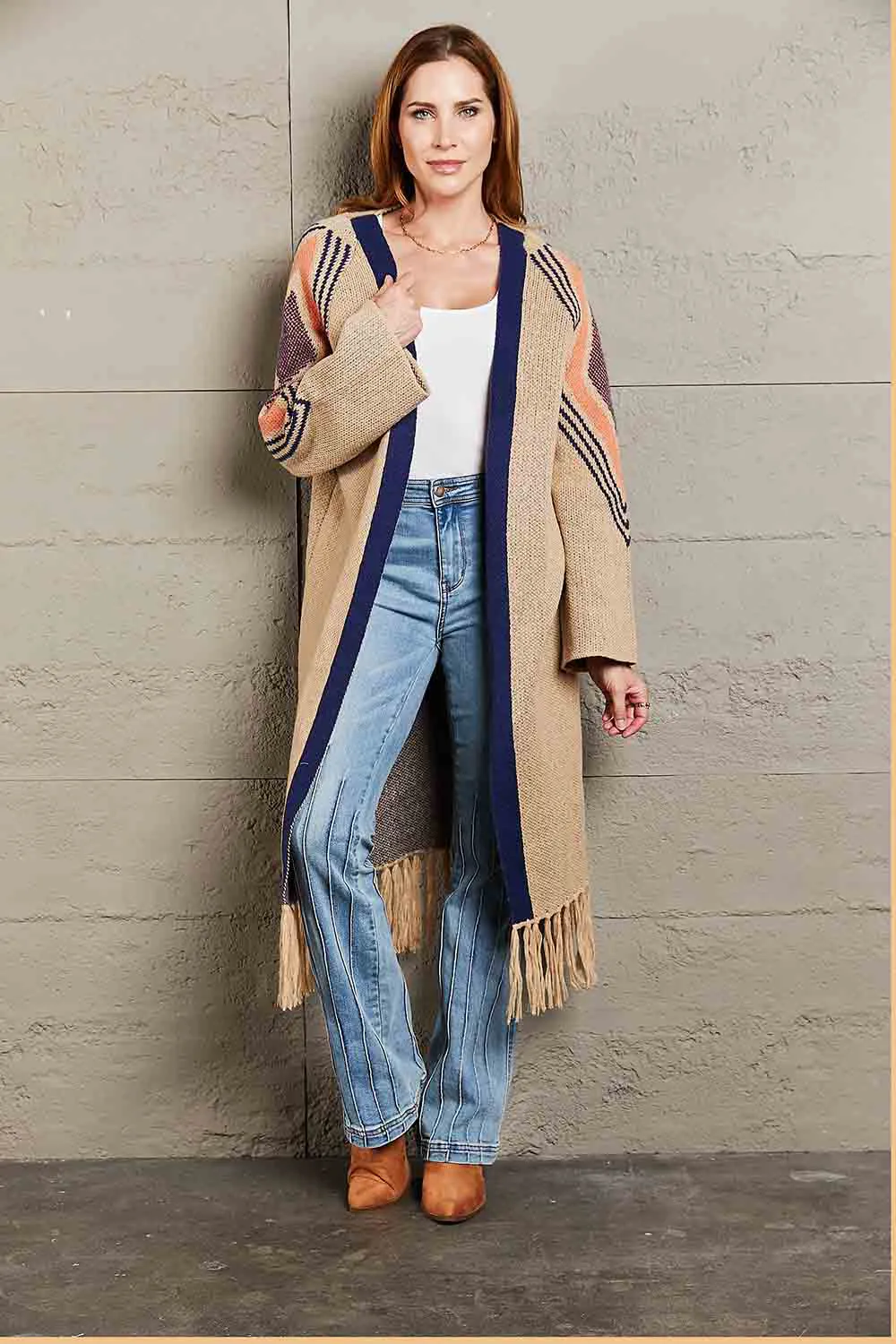 Geometric Fringe Hem Open Front Duster Cardigan, image 4