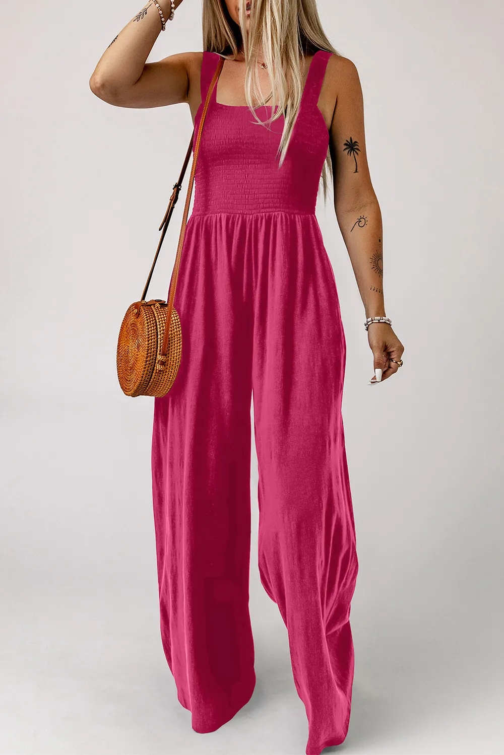 Smocked Square Neck Wide Leg Jumpsuit with Pockets, image 4