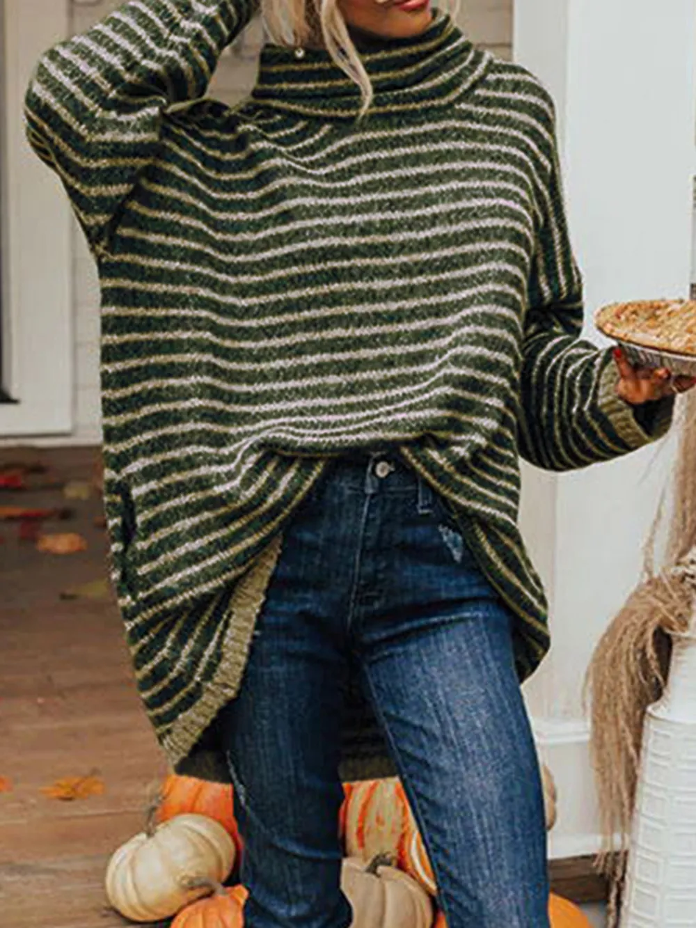 Striped Turtleneck Sweater with Pockets, image 8