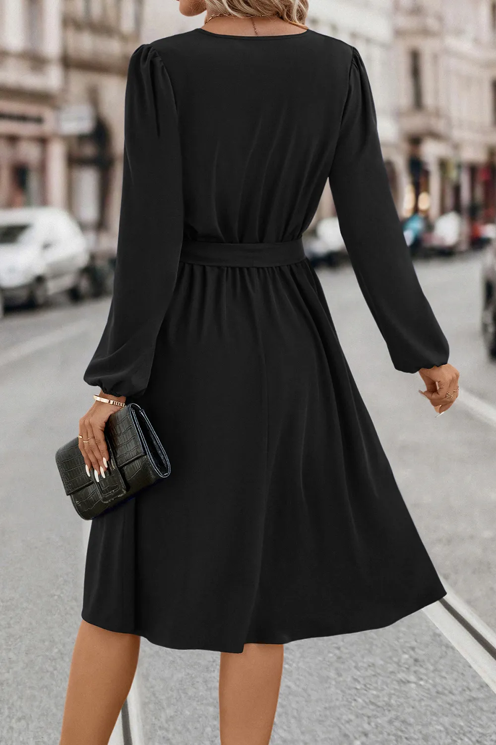 Tie Waist Notched Neck Long Sleeve Dress, image 2