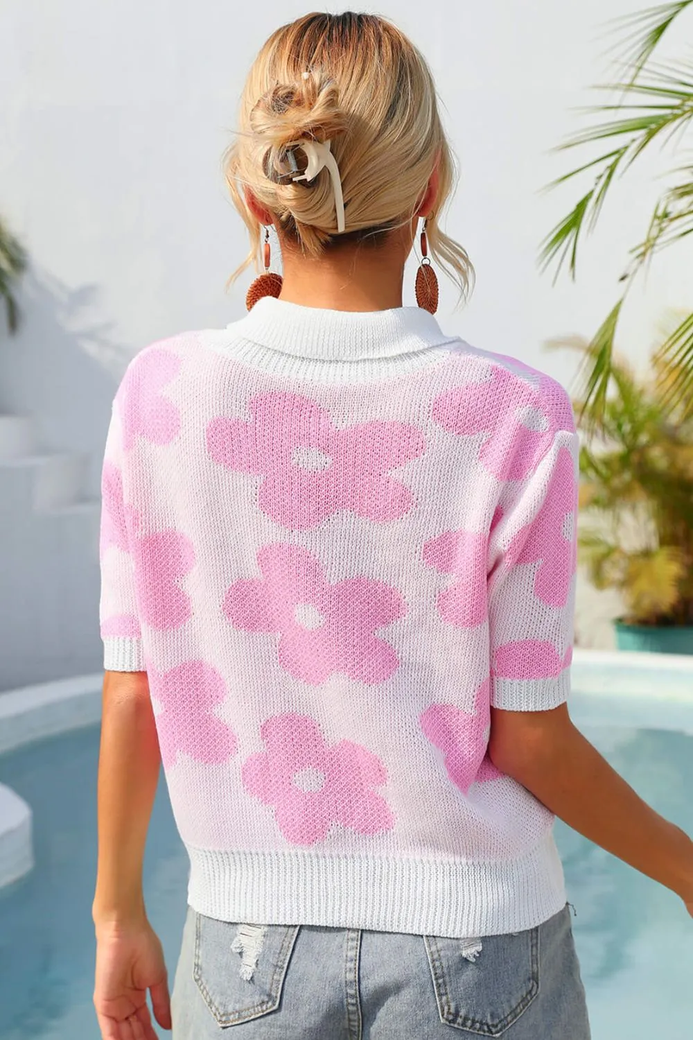 Floral Johnny Collar Half Sleeve Knit Top, image 10
