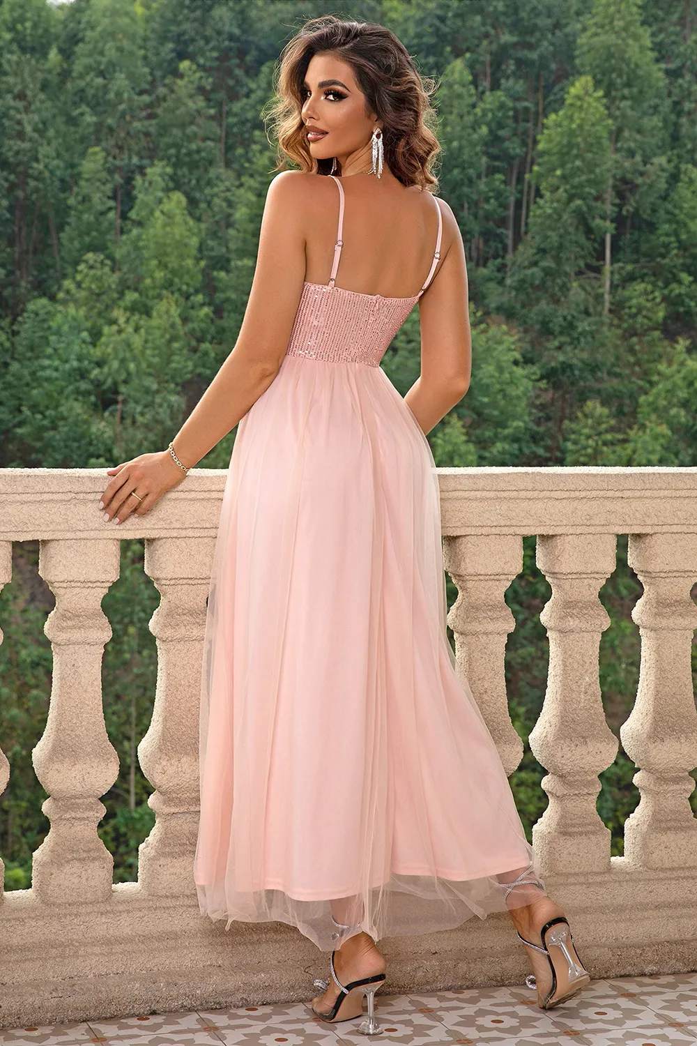 Spaghetti Strap Slit Mesh Dress, image 2