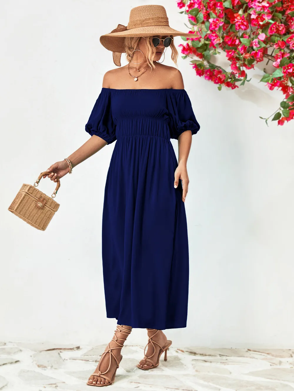 Off-Shoulder Balloon Sleeve Midi Dress, image 3