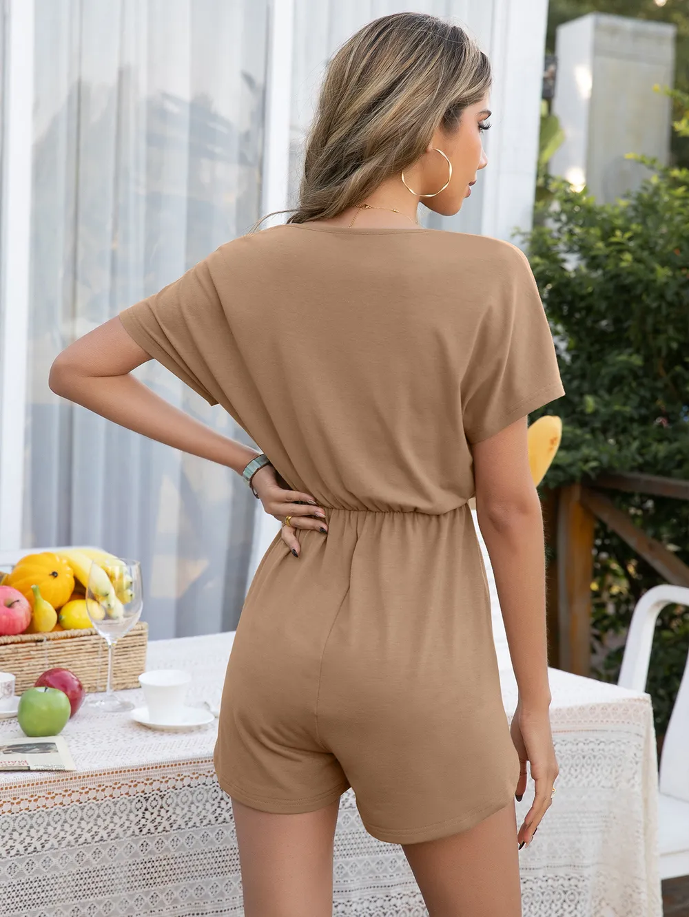 Decorative Button Round Neck Short Sleeve Romper, image 9