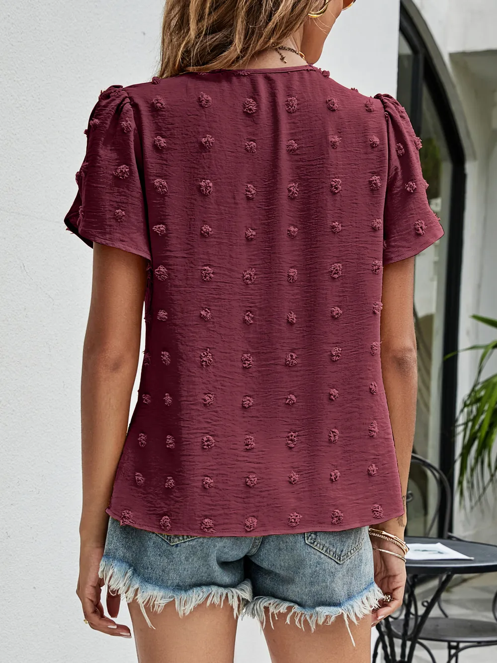 Swiss Dot Round Neck Petal Sleeve Top, image 30