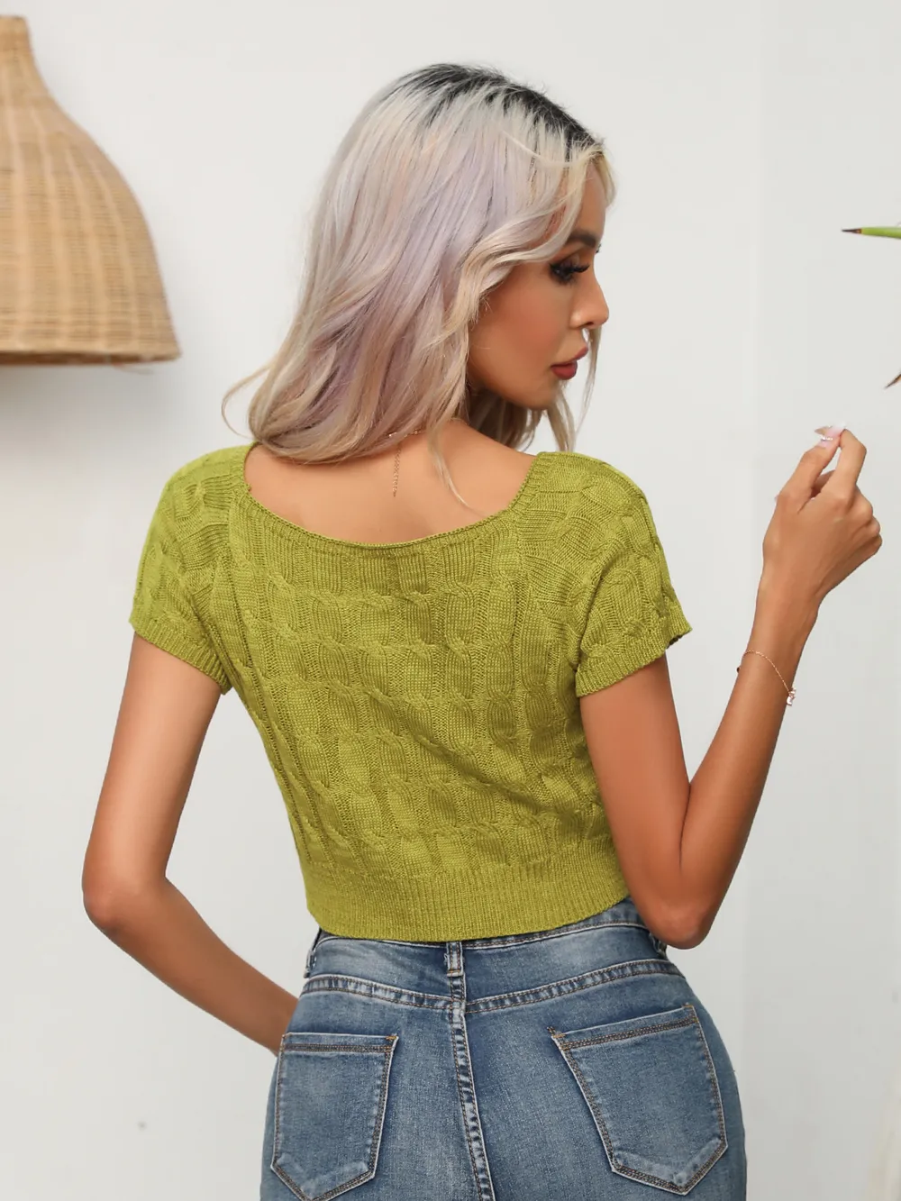 Cable-Knit Round Neck Short Sleeve Knit Top, image 3