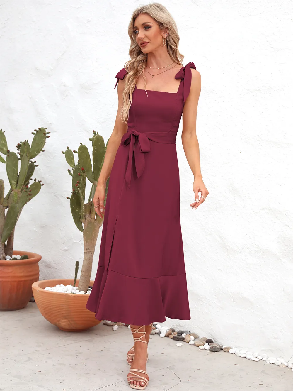 Square Neck Tie Strap Midi Dress, image 7
