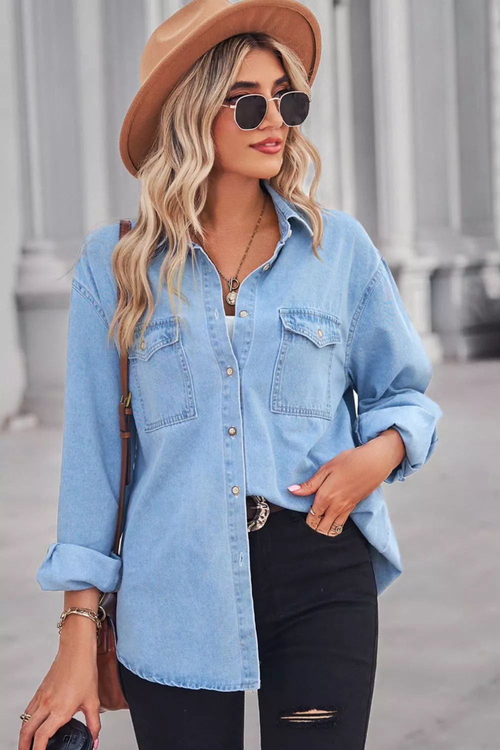 Collared Neck Dropped Shoulder Denim Top, image 4