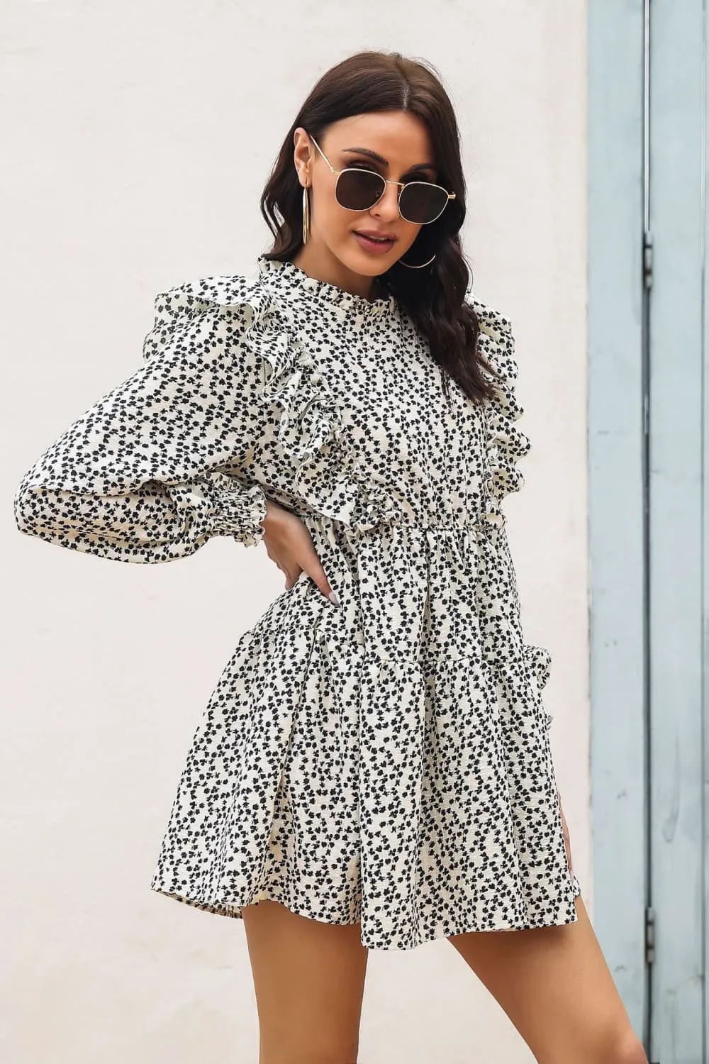 Printed Ruffle Trim Smocked Long Sleeve Mini Dress, image 4