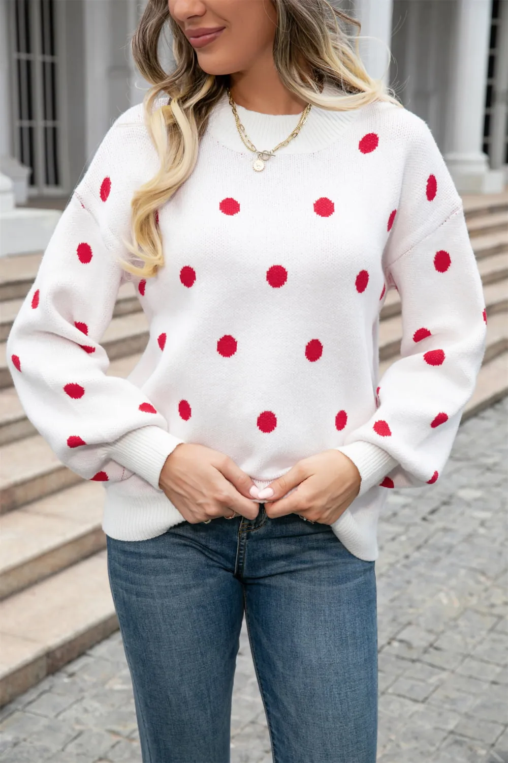 Polka Dot Round Neck Dropped Shoulder Sweater, image 9