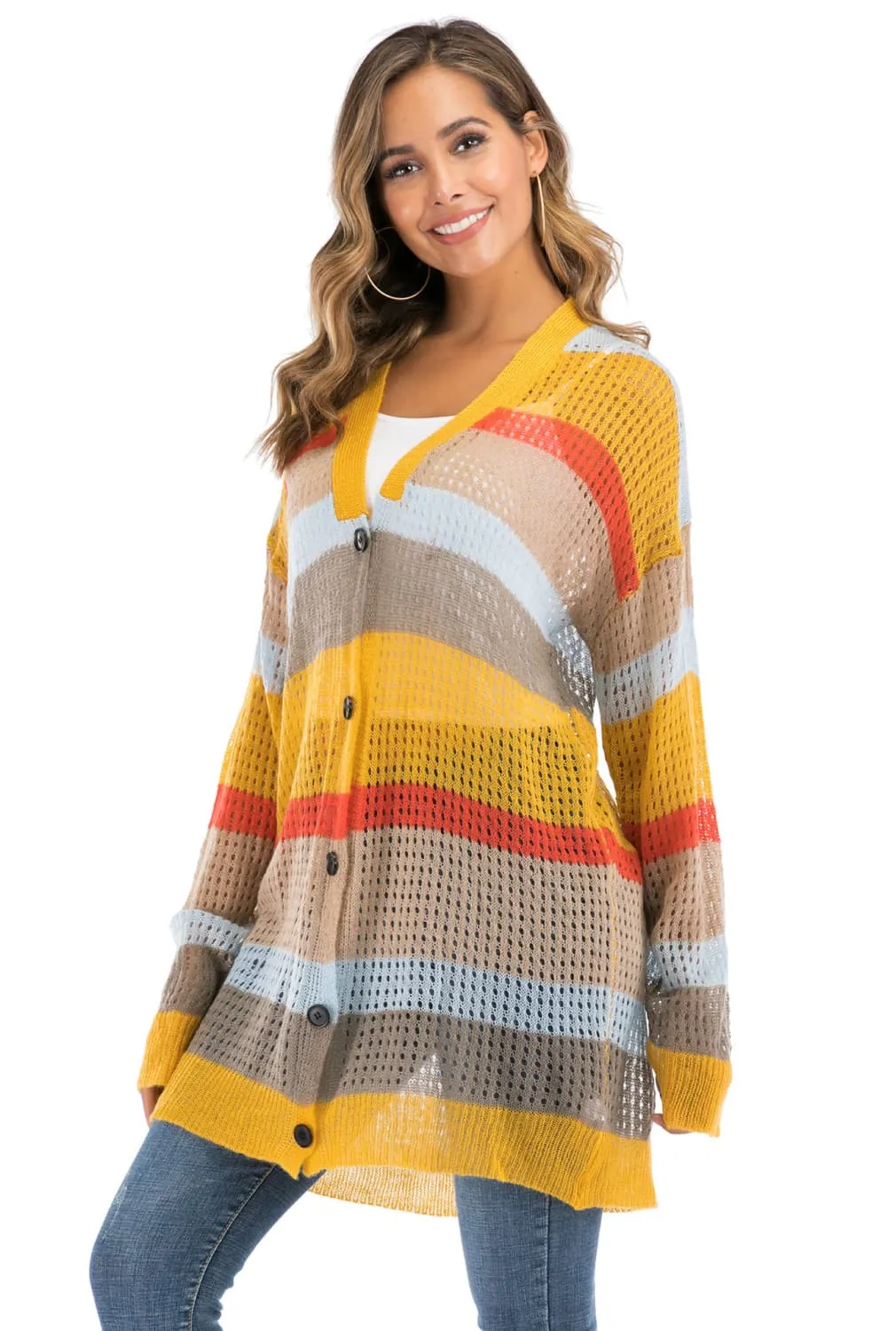 Color Block Openwork Long Sleeve Cardigan, image 4