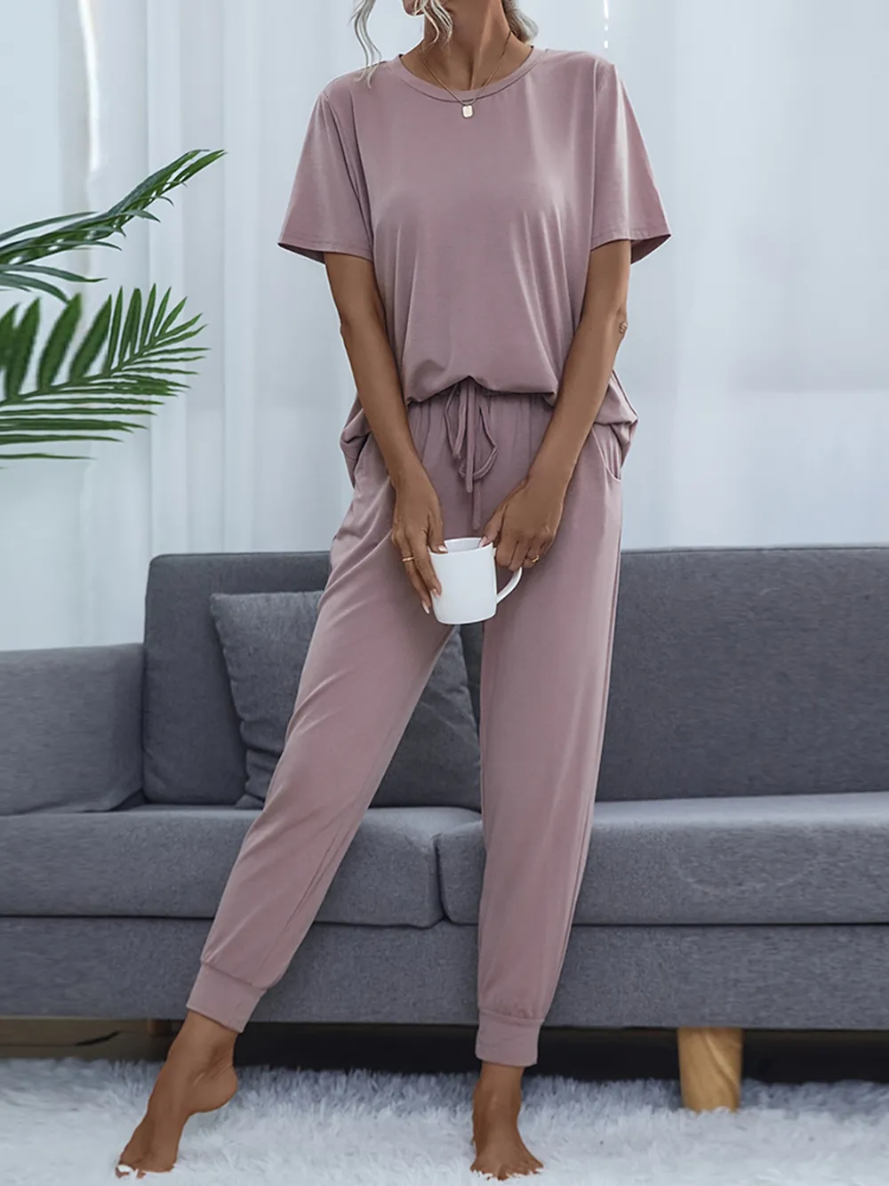 Round Neck Short Sleeve Top and Pants Set, image 4