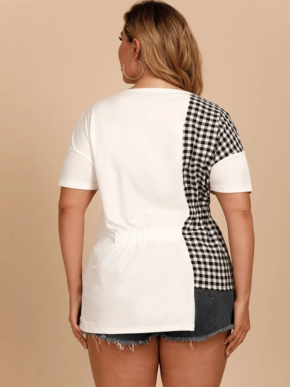 Plus Size Gingham Color Block Asymmetrical T-Shirt, image 2