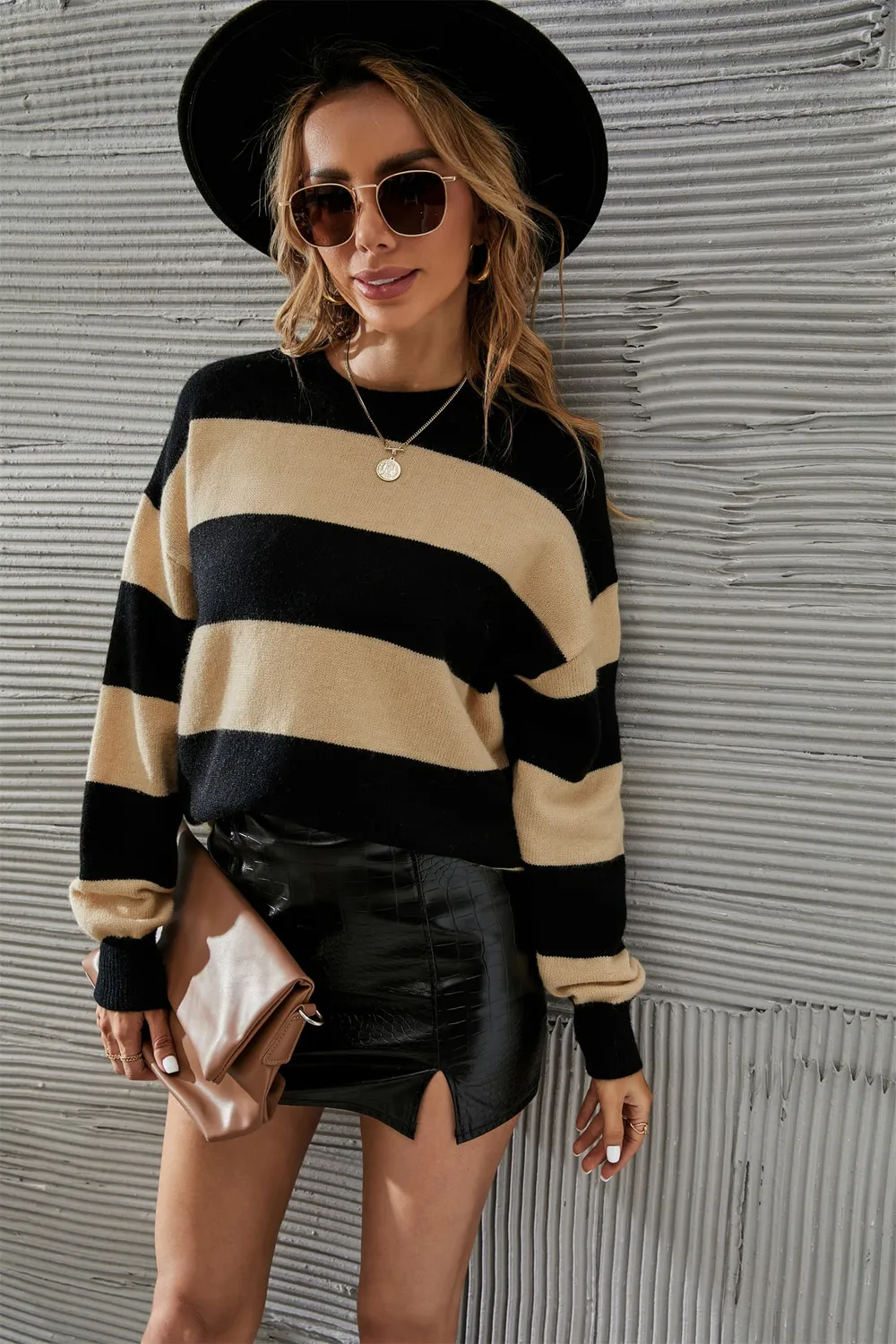 Two-Tone Round Neck Dropped Shoulder Sweater, image 3