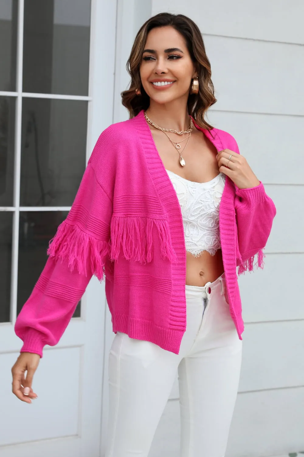 Fringe Trim Open Front Cardigan, image 4