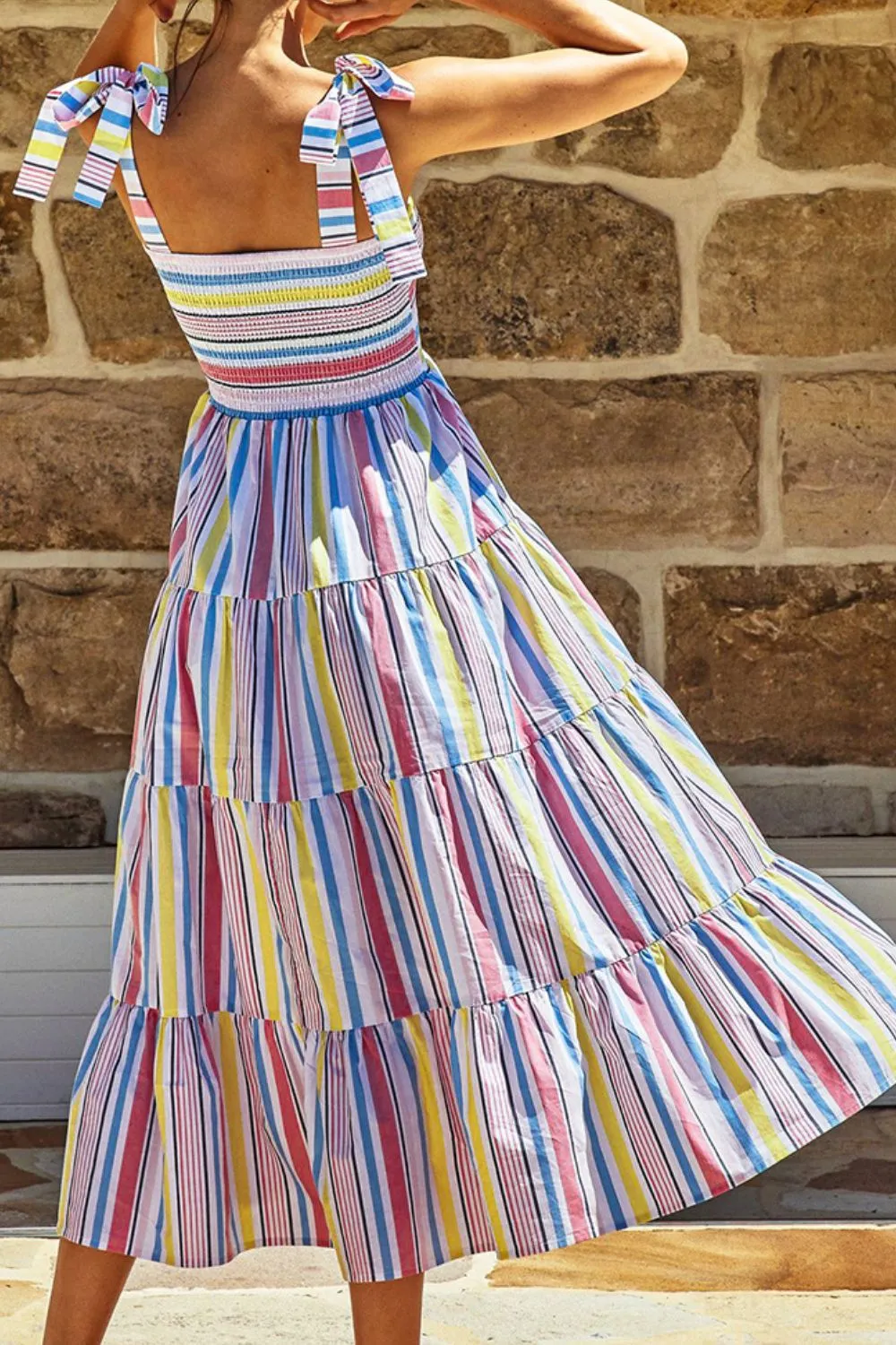 Striped Tie-Shoulder Smocked Tiered Dress, image 2