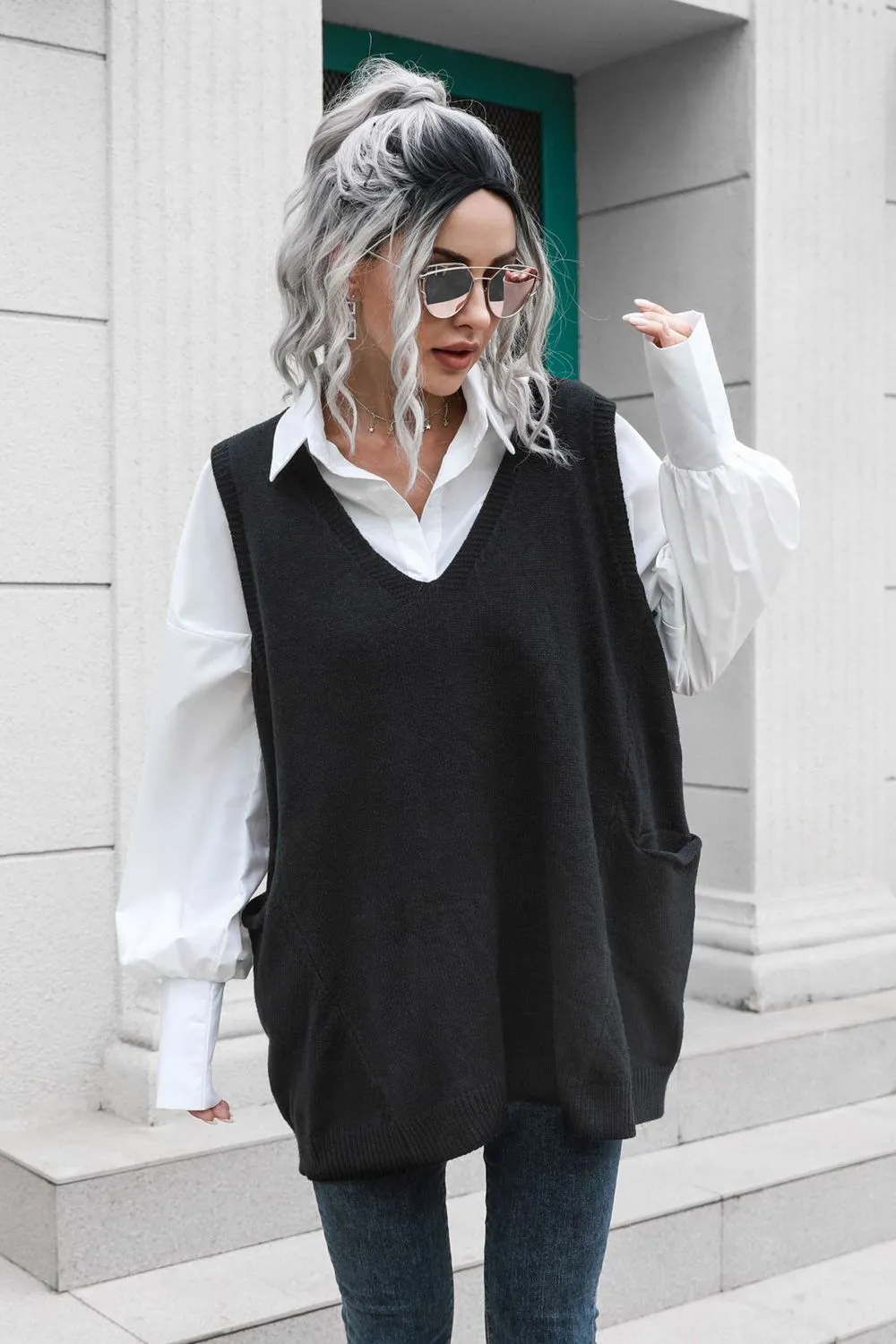 V-Neck Sleeveless Sweater Vest with Pocket, image 3